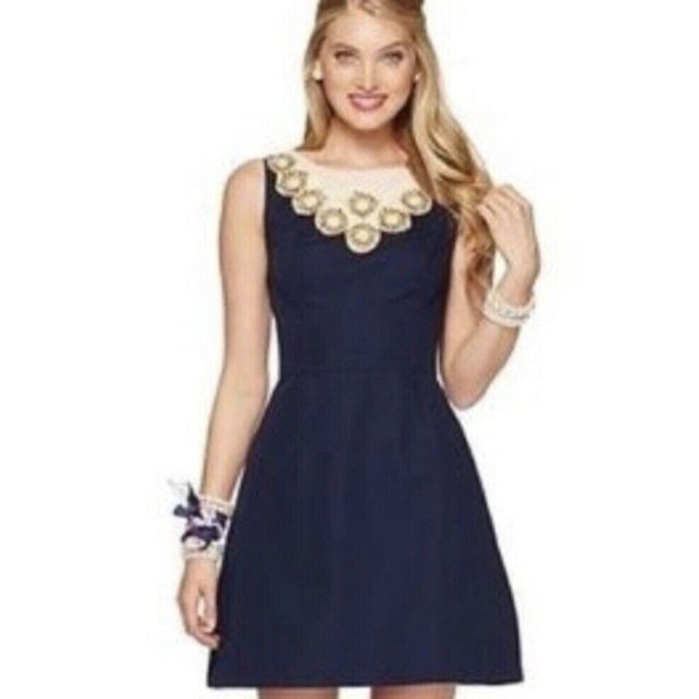 Lilly Pulitzer Navy and Cream Cotton Beaded Dress Size 4